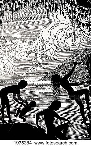 C. 1930 Don Blanding Art, Hawaiian Family Playing By Ocean (Pen And Ink Drawing). View Large Photo Image Picture - C. 1930 Don Blanding Art, Hawaiian Family Playing By Ocean (Pen And Ink Drawing).. Fotosearch
