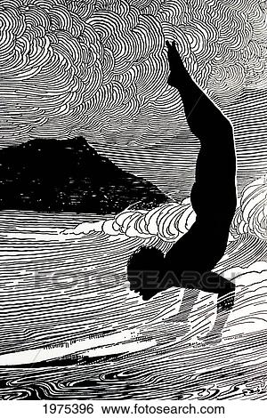 Stock Photograph - C. 1930, Don Blanding Art, Surfer And Waikiki, Figure Of Man Doing Hand Stand On Surfboard (Pen And Ink Drawing).. Fotosearch