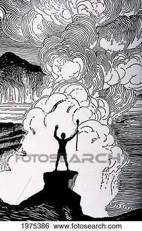 C. 1930, Don Blanding Art, Volcanic Rage, Figure Of Man Standing Over Erupting Volcano (Pen And Ink Drawing). View Large Photo Image Stock Photograph - C. 1930, Don Blanding Art, Volcanic Rage, Figure Of Man Standing Over Erupting Volcano (Pen And Ink Drawing).. Fotosearch