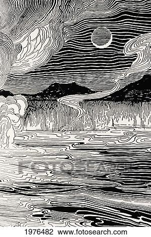 Stock Image - C. 1930, Moon Over Volcano, Don Blanding Illustration.. Fotosearch