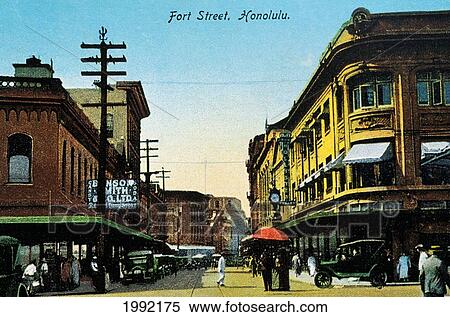Stock Photography - C. 1930 Postcard, Hawaii, Oahu, Downtown Honolulu, Fort Street.. Fotosearch