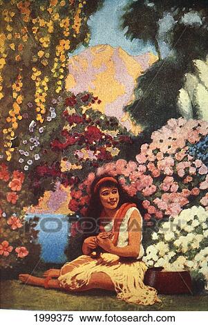 Stock Photography - C. 1930 Pretty Woman With Ukulele Sitting, Surrounded By Flowers, Mountains Background C1518. Fotosearch