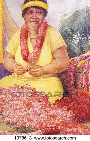 Stock Image - C. 1931, H. B. Christian Art, Portrait Of Hawaiian Woman Making Leis With Red Flowers.. Fotosearch
