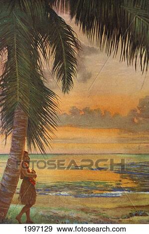 Stock Photo - C. 1932 Hawaii, Covell Art, An Beauty Leaning Against Palm Tree Playing Ukulele, Sunset. Fotosearch