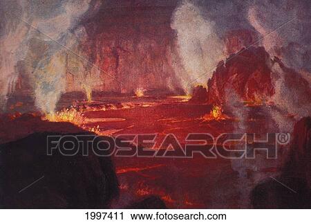 Stock Image - C. 1934 Hawaii, Big Island, Kilauea Fire Pit. Fotosearch
