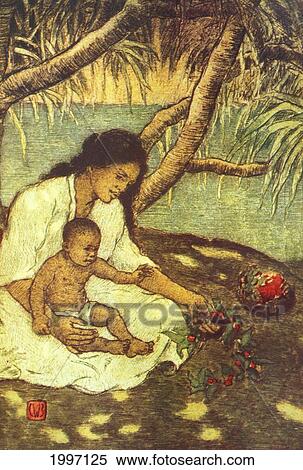 Stock Photography - C. 1935 C. W. Bartlett Art, Illustration Of Hawaiian Mother And Child Under Tree. Fotosearch