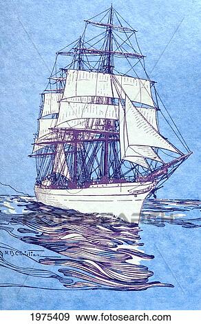 C. 1935, H. B. Christian Art, Illustration Of 19Th Century Sailing Ship On The Ocean. View Large Photo Image Stock Photo - C. 1935, H. B. Christian Art, Illustration Of 19Th Century Sailing Ship On The Ocean.. Fotosearch