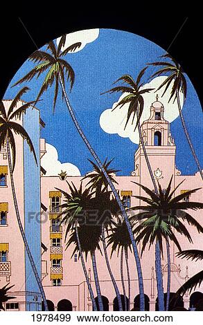 Stock Photo - C. 1935, Hawaii, Oahu, Honolulu, Royal Hawaiian Hotel And Palm Trees Framed With Arch Of Building.. Fotosearch