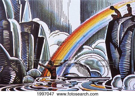 Stock Photo - C. 1935 Painting Of Waterfall And Rainbow With Man In Middle Of Water Arms In Air. Fotosearch
