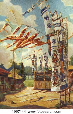 C. 1935 Shirley Russell Art, Banners For Boy's Day Flying Against Blue Sky View Large Photo Image Picture - C. 1935 Shirley Russell Art, Banners For Boy's Day Flying Against Blue Sky. Fotosearch