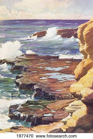 C. 1936, Art By J. H. Sharp, Hawaii, Oahu, Waves Crashing On Rocky Coastline. View Large Photo Image Stock Image - C. 1936, Art By J. H. Sharp, Hawaii, Oahu, Waves Crashing On Rocky Coastline.. Fotosearch