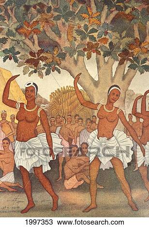 Stock Image - C. 1939 Art, Two Topless Women Dancing Hula In 1816. Fotosearch