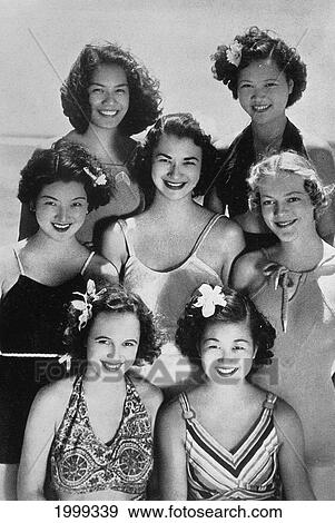 Stock Photo - C. 1939 Photograph Black And White: Seven Hawaiian Beauties At Beach B1432. Fotosearch