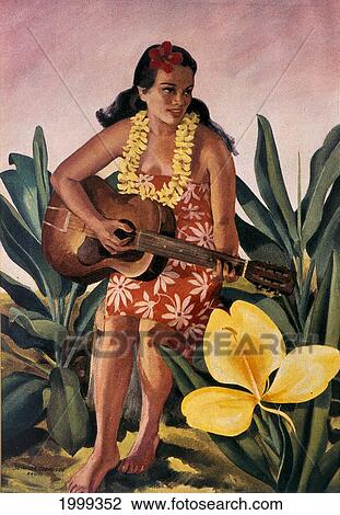 Stock Image - C. 1940 Girl With Guitar Flower In Hair And Lei B1428. Fotosearch
