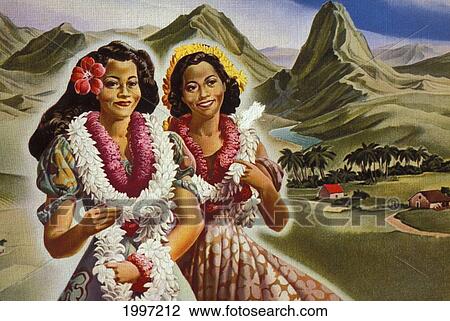 C. 1940 Hawaii, Art, Brochure, Two Island Women With Leis, Smiling, Advertisement View Large Photo Image Stock Image - C. 1940 Hawaii, Art, Brochure, Two Island Women With Leis, Smiling, Advertisement. Fotosearch