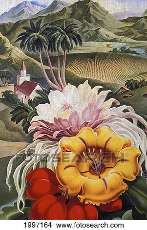 Picture - C. 1940 Hawaii, Editorial Art, Green Landscape With Tropical Flowers In Foreground. Fotosearch