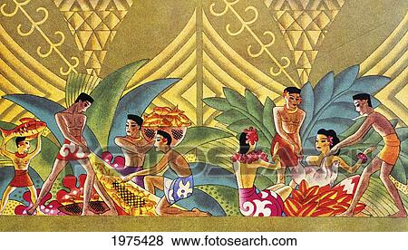 C. 1940, Hawaiian Art, Illustration Of Men And Women With Fish And Pigs View Large Photo Image Stock Photo - C. 1940, Hawaiian Art, Illustration Of Men And Women With Fish And Pigs. Fotosearch