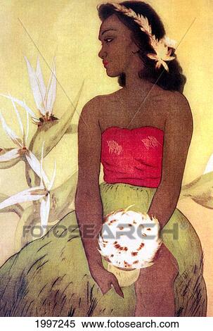 Stock Photography - C. 1940 Hula Dancer Holds Ipu In Hand, Bird Of Paradise Background, John Kelly. Fotosearch