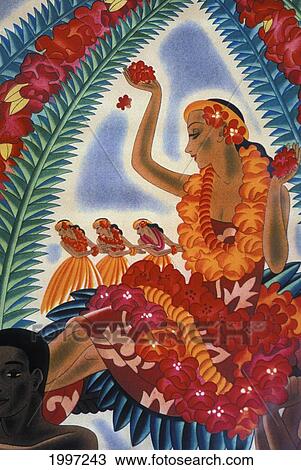 Stock Image - C. 1940 Woman Surrounded With Flowers, Leis, Hula Girls, Frank Macintosh. Fotosearch