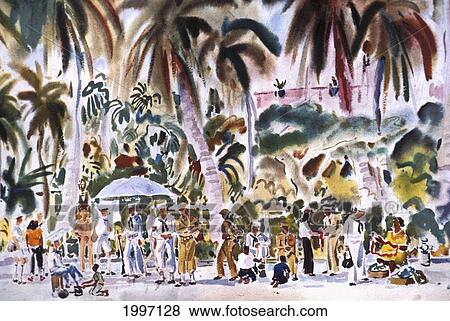 Stock Photo - C. 1943 Hawaii, Art By A. S. Macleod, Sailors Walking Kalakaua Avenue. Fotosearch