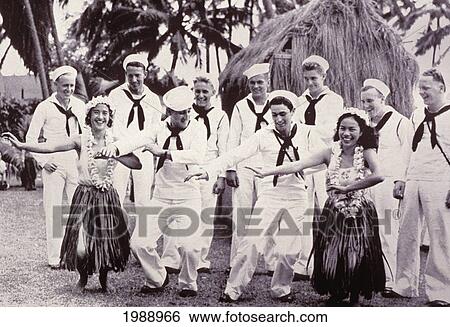 C. 1943, Hawaii, Military, Sailors Get A Hula Lesson From Local Girls. View Large Photo Image Stock Photograph - C. 1943, Hawaii, Military, Sailors Get A Hula Lesson From Local Girls.. Fotosearch