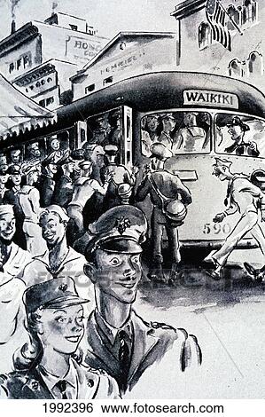 Stock Photograph - C. 1943 Illustration, Hawaii, Oahu, Honolulu, Military Servicemen On Leave. Fotosearch