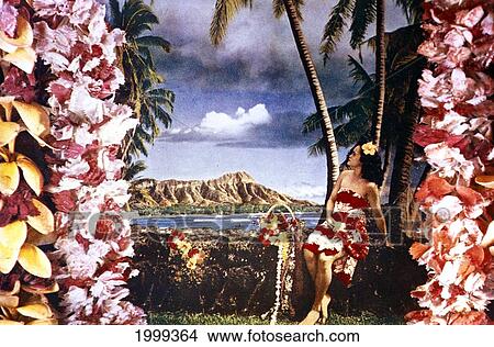 Picture - C. 1957 Hawaii, Oahu, Postcard With Woman Overlooking Beach And Diamond Head, Leis C1519. Fotosearch