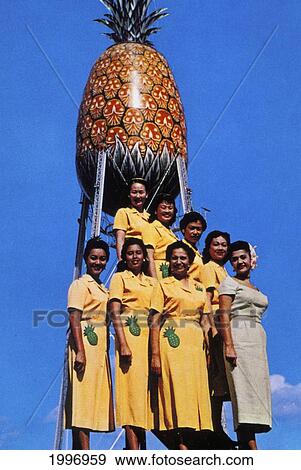 Stock Photo - C. 1960 Hawaii, Oahu, Female Workers In Yellow Uniform Standing In Front Of Dole Cannery Pineapple, Blue Skies, Postcard. Fotosearch