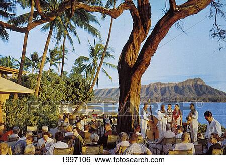C. 1960 Hawaii, Oahu, Postcard, Local Entertainers At Halekulani Hotel, Diamond Head Terrace View Large Photo Image Stock Photograph - C. 1960 Hawaii, Oahu, Postcard, Local Entertainers At Halekulani Hotel, Diamond Head Terrace. Fotosearch