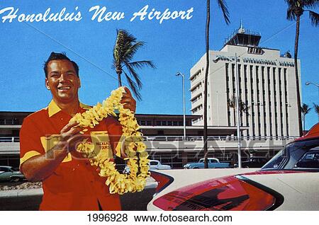 C. 1962 Hawaii, Oahu, Mirro-Krome Hawaiian Service, Honolulu's New Airport, Man Smiling With Lei Postcard View Large Photo Image Stock Photo - C. 1962 Hawaii, Oahu, Mirro-Krome Hawaiian Service, Honolulu's New Airport, Man Smiling With Lei Postcard. Fotosearch