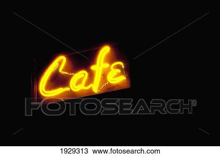 Stock Image - Cafe Neon Sign At Night, East Village; Manhattan, New York, Usa. Fotosearch