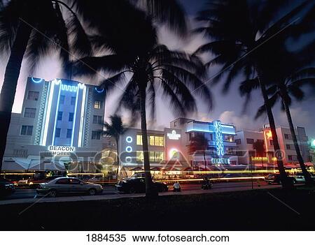 Caf's And Hotels On Ocean Drive At Dusk View Large Photo Image Stock Photography - Caf's And Hotels On Ocean Drive At Dusk. Fotosearch