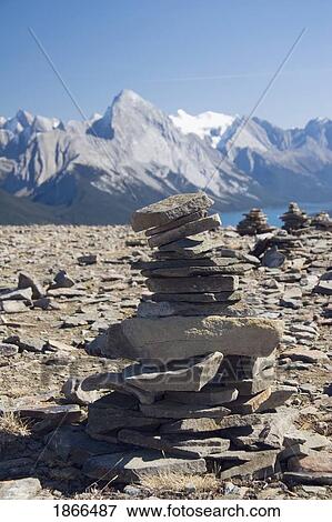 Stock Photo - Cairn And Mountain, Jasper National Park, Alberta, Canada. Fotosearch