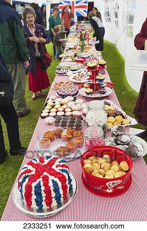 Stock Image - Cakes For Village Celebration Of Queen's Diamond Jubilee; Great Wilbraham, Cambridgeshire, United Kingdom. Fotosearch