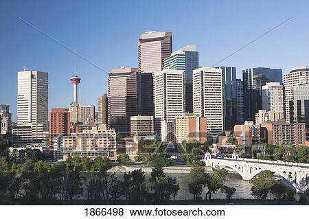 Stock Photo - Calgary, Alberta, Canada; Skyline And The Bow River And Centre Street Bridge. Fotosearch