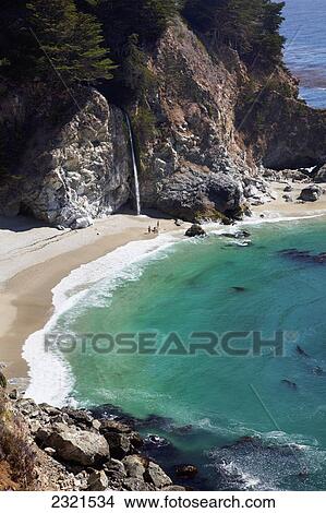 California, Big Sur, Julia Pfeiffer Burns State Park, View Of A Waterfall Flowing Into The Ocean In Northern California. View Large Photo Image Picture - California, Big Sur, Julia Pfeiffer Burns State Park, View Of A Waterfall Flowing Into The Ocean In Northern California.. Fotosearch