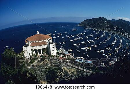 Stock Photo - California, Catalina Island, Wide Angle View Of Casino Building And Boats In Harbor.. Fotosearch