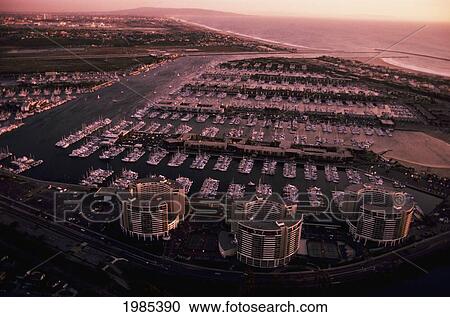 Stock Image - California, Marina Del Rey, Aerial Of Harbor And Industrial District At Sunset.. Fotosearch