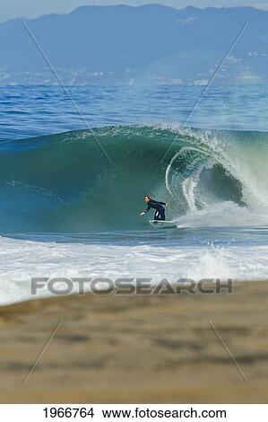 Picture - California, Redondo, Surfer On Large Wave. Fotosearch