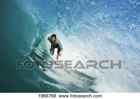 Stock Photo - California, Redondo, Surfer On Large Wave, View From Inside. Fotosearch