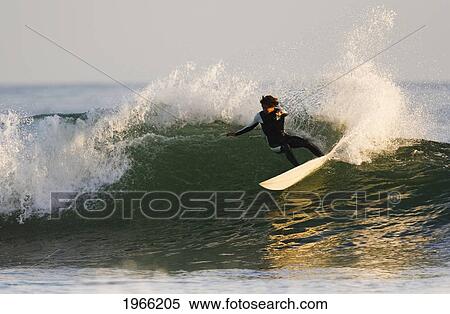 Stock Photography - California, San Clemente, Surfer Carving Wave, Evening Light. Editorial Use Only.. Fotosearch
