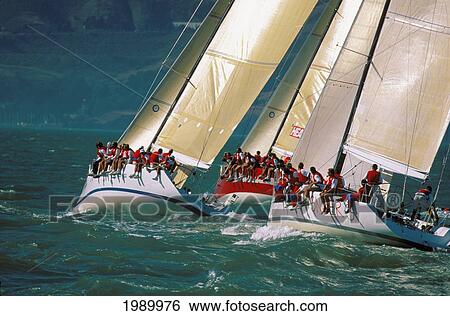 Stock Photograph - California, San Francisco, Big Boat Series, View From Behind Several Yachts Edging To Windward. Fotosearch