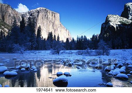 California, Yosemite National Park, Yosemite Valley, Snowy Landscape Of El Capitan And Merced River. View Large Photo Image Stock Image - California, Yosemite National Park, Yosemite Valley, Snowy Landscape Of El Capitan And Merced River.. Fotosearch