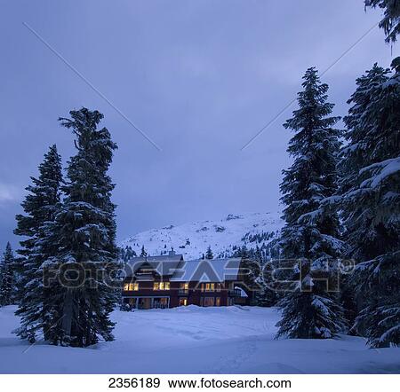 Stock Photo - Callaghan Backcountry Lodge Near Whistler At Dusk; British Columbia, Canada. Fotosearch