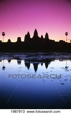 Stock Image - Cambodia, Angkor Wat, Silhouette Of Temple At Sunrise.. Fotosearch