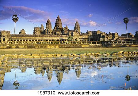 Stock Image - Cambodia, Siem Reap, Angkor Wat, View Of Temple From Front, Reflection In Pool. Fotosearch