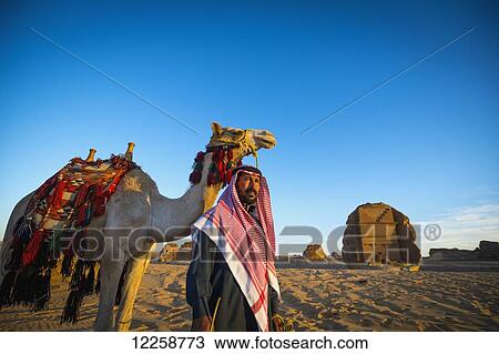 Stock Image - Camel and rider with Madain Saleh in the background; Madain Saleh, Saudi Arabia. Fotosearch