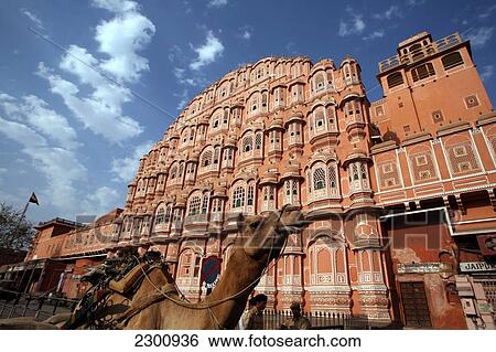 Stock Photograph - Camel cart passing Hawa Mahal City Palace, Jaipur's most distinctive landmark, Jaipur, Rajasthan State, India.. Fotosearch