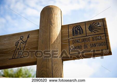 Stock Image - Camino De Santiago Or The Way Of St James Signs On The Road, Basque Country, Spain. Fotosearch