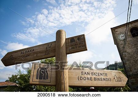 Stock Photo - Camino De Santiago Or The Way Of St James Signs On The Road, Basque Country, Spain. Fotosearch